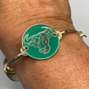 BOURBON & BOWETIES gold tone bracelet bangle THE BULL green enameled disks jewel